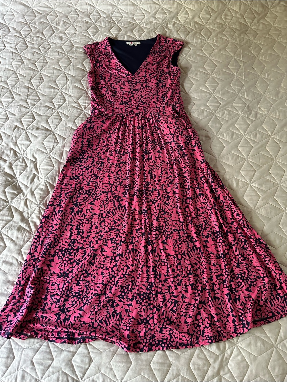 Boden Pink and Navy Floral Midi V-Neck Dress 4L